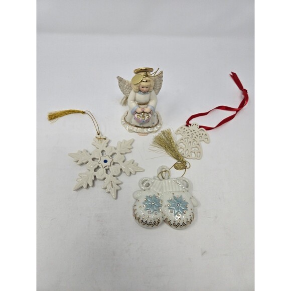 VINTAGE LENOX CHRISTMAS ORNAMENT BUNDLE ANGEL SNOWFLAKE MITTENS PORCELAIN GOLD - Picture 2 of 14